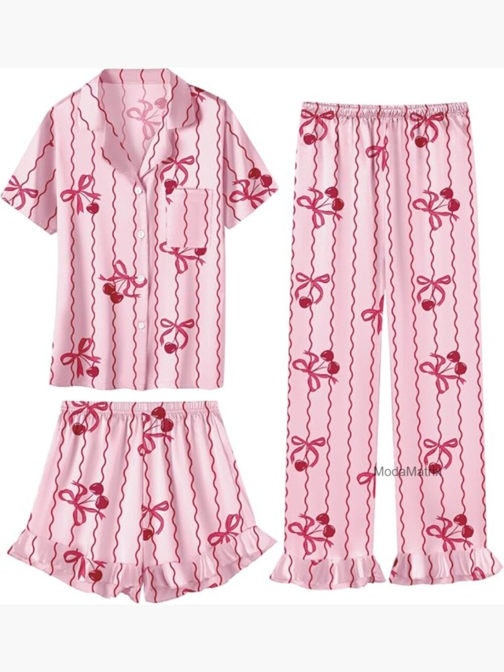 Girls 3 Piece Silk Satin Pajama Set Short Sleeve Sleepwear 5-14